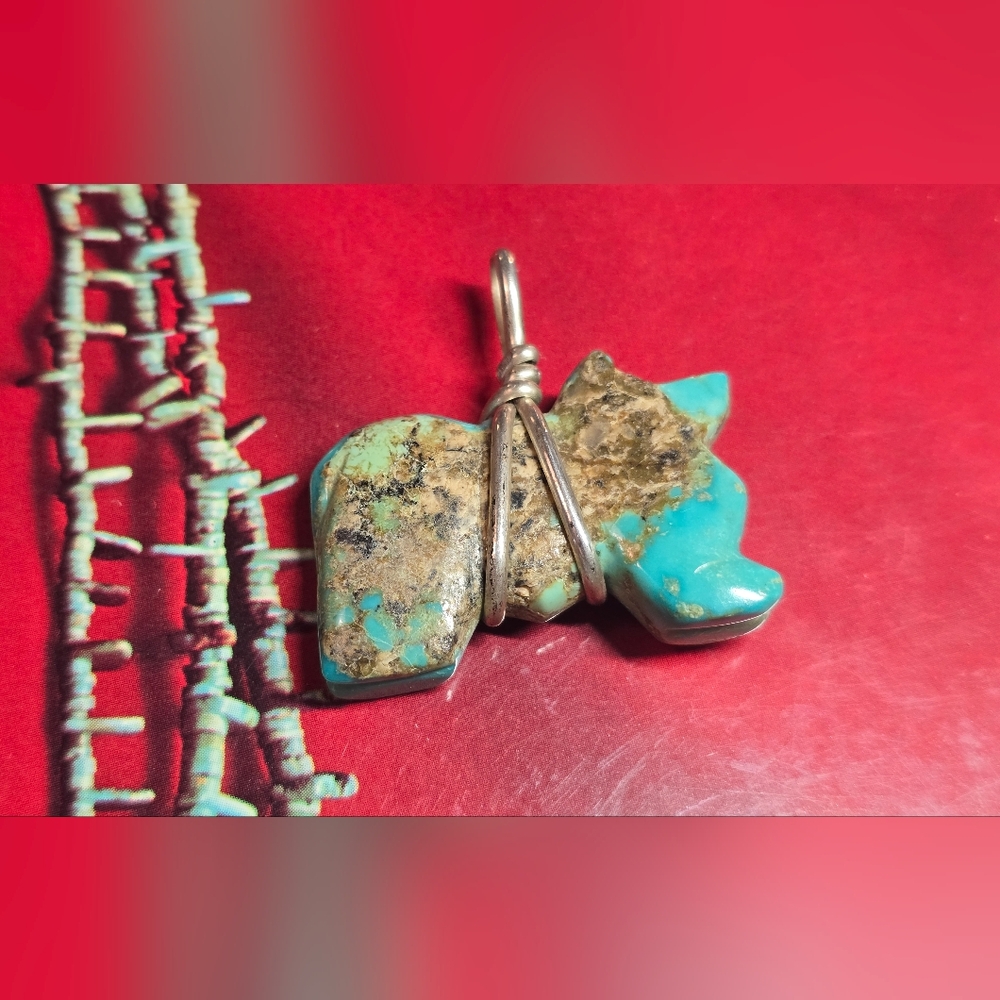Native American Zuni Carved Turquoise Bear Fetish, Sterling Silver Pendant - Picture 2 of 5